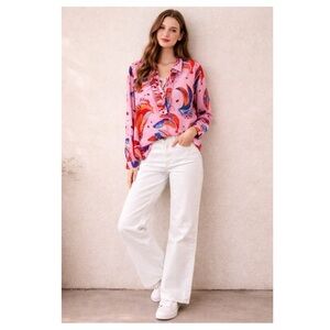 Maude Vivante banana print ruffle neck swiss‎ dot blouse Size M pink boho artsy